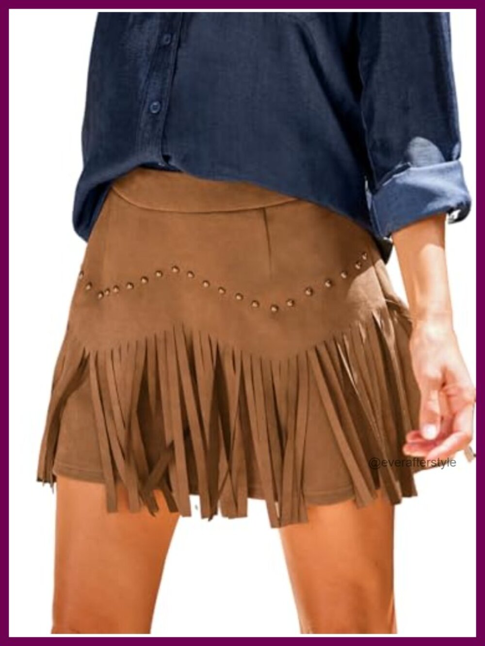 Faux Suede Fringe Mini Skirt High Waist Western Style A-Line